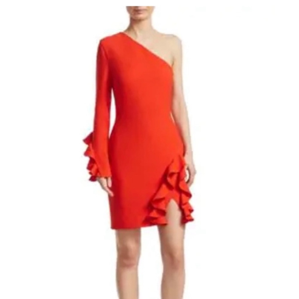 Cinq a Sept Red One Shoulder Ruffle Dress